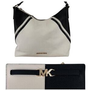 Michael Kors Karson Shoulder Bag Matching Wallet Set Black White Leather
